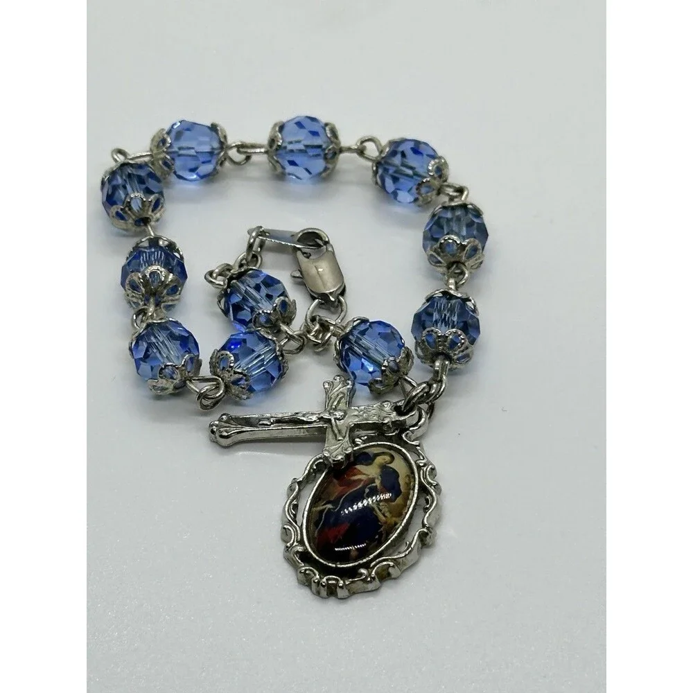 Our Lady Undoer or Untier of Knots Bracelet Blue Bead Silver Tone Cross